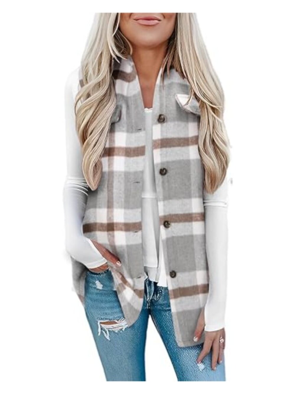 Plaid Sleeveless Button Front Long Waistcoat Vest Slim Fit Casual Layer